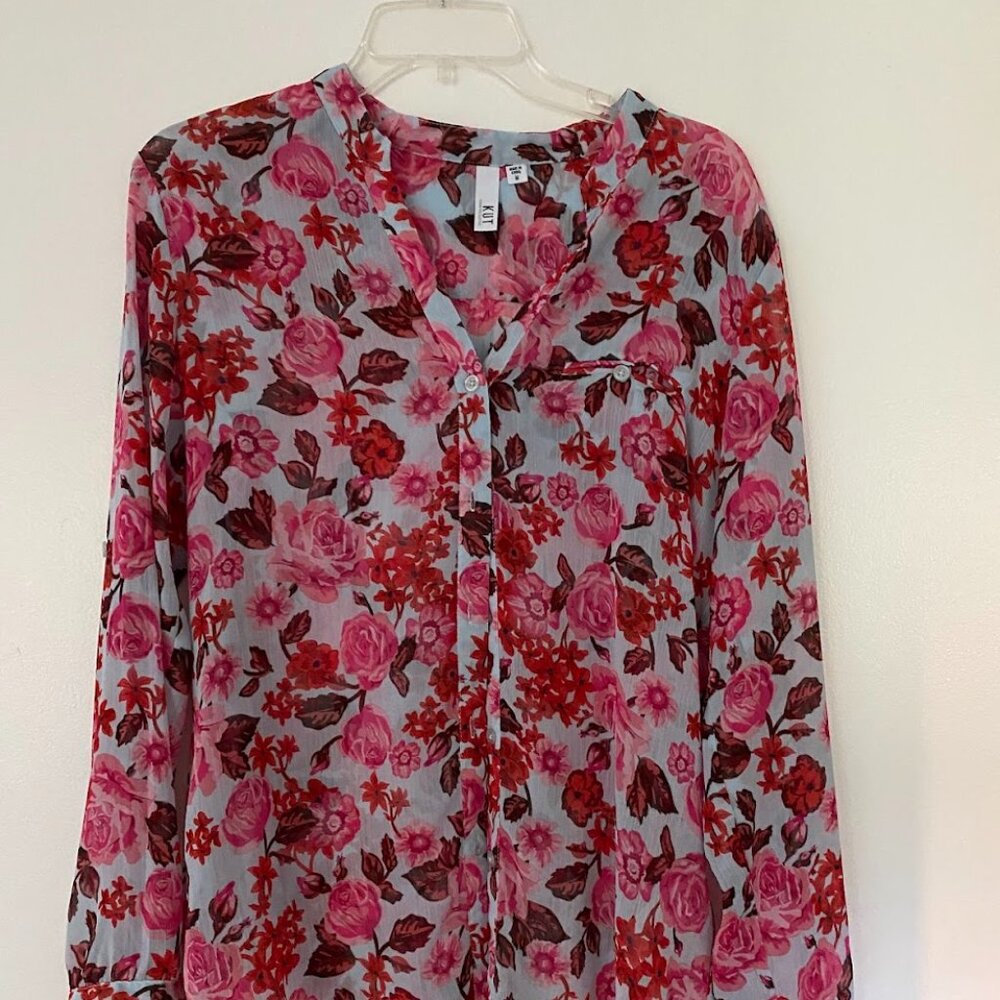 Kut from the Kloth Pink Floral Mesh Button-Up Blouse – Size Medium